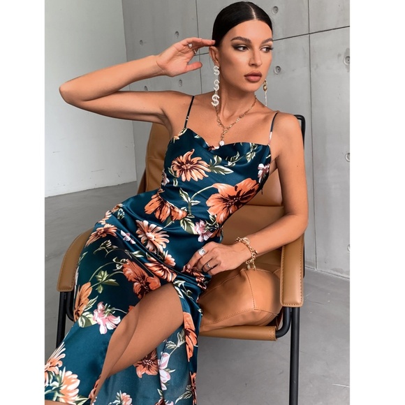 Floral Print Cowl Neckline Cami Satin Midi Dress in Dark Teal Leg Slit - Picture 5 of 8